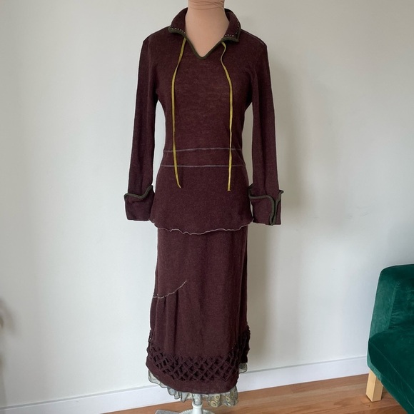 Burning Torch Brown Wool Blend Embellished Silk Trim Two Piece Skirt Set EUC L - Picture 1 of 11